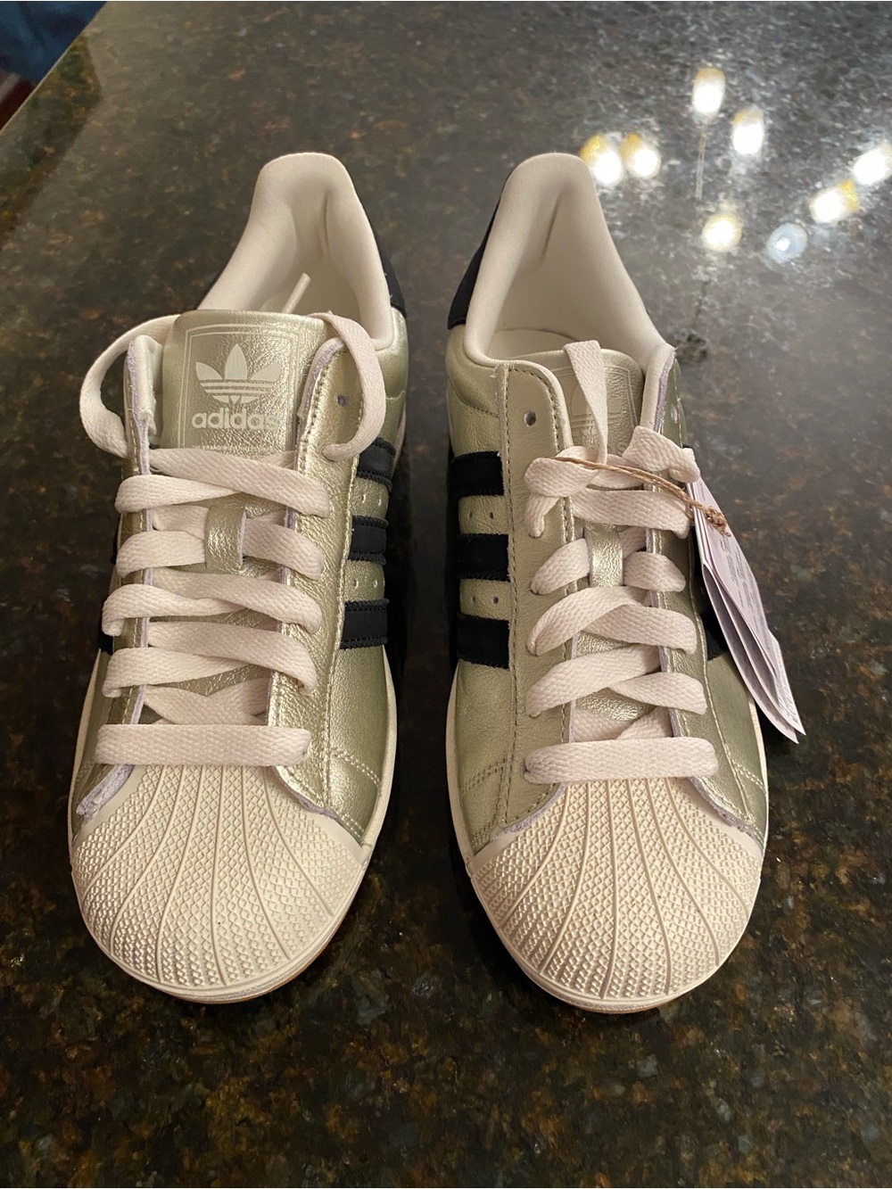 adidas Women’s Metallic Silver Shelltoe Sneakers with Navy Blue Stripes
